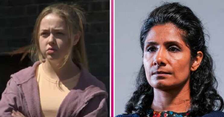 Amy Mitchell looking angry and Suki Panesar looking worried in EastEnders