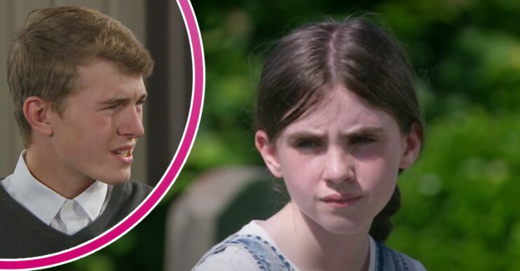 Arthur looks cross as April appears concerned in Emmerdale