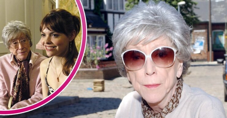 Blanche looking at Tracy and Blanche with sunglasses on in Coronation Street