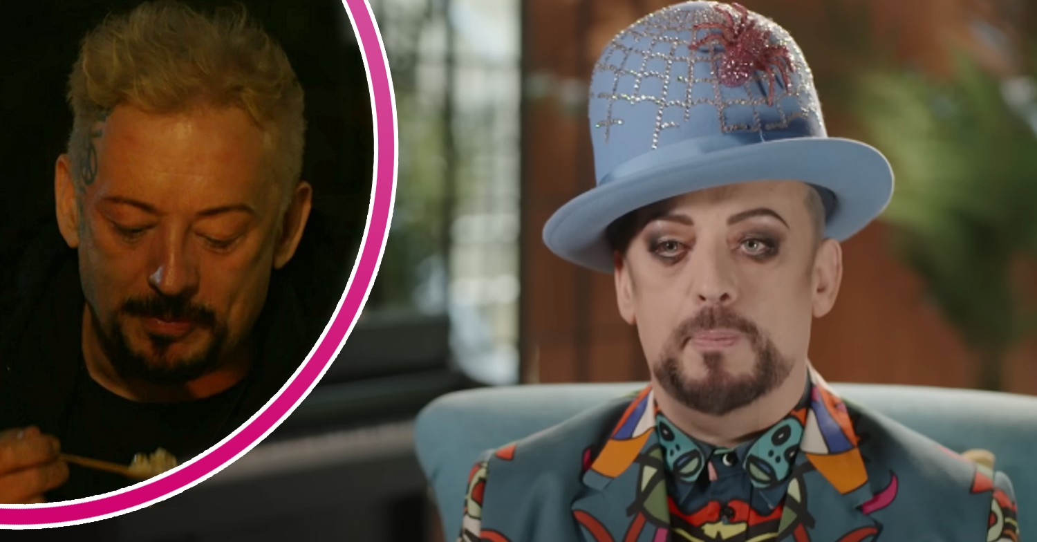 Boy George without his hat and speaking during I'm A Celebrity VT