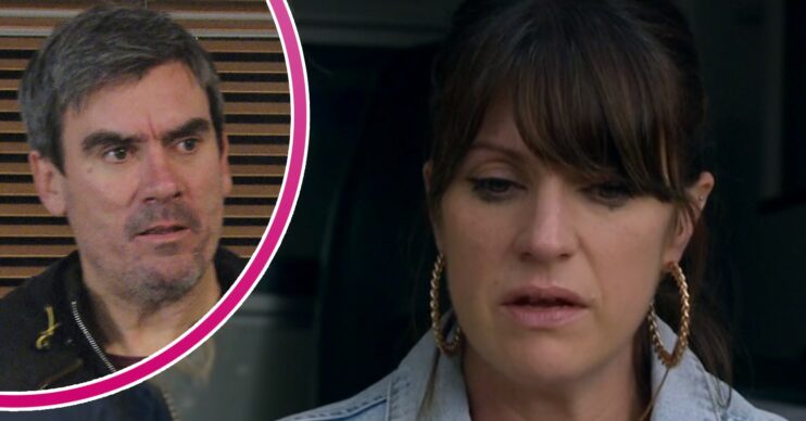 Cain looking annoyed and Kerry crying in Emmerdale