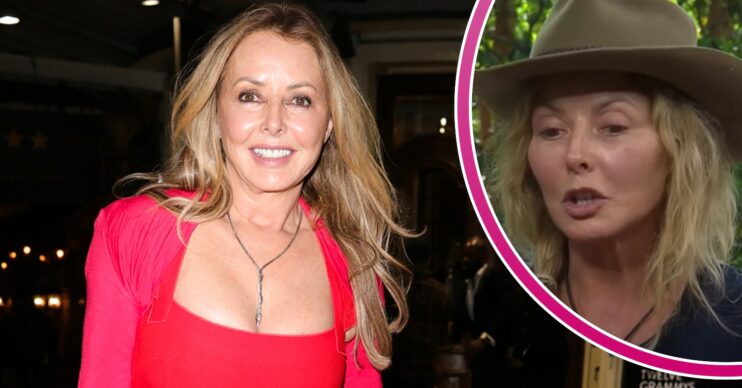 Carol Vorderman smiling in red dress and star on I'm A Celebrity