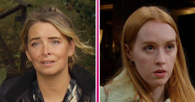 Charity looking concerned and Chloe looking worried in Emmerdale
