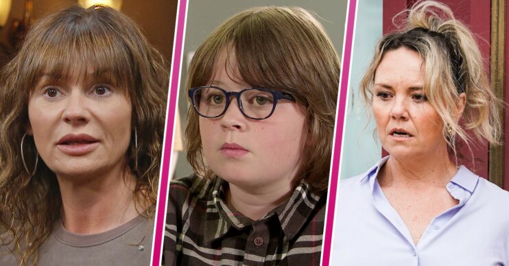 Chas looking shocked in Emmerdale, Sam looking upset in Coronation Street and Janine looking worried in EastEnders