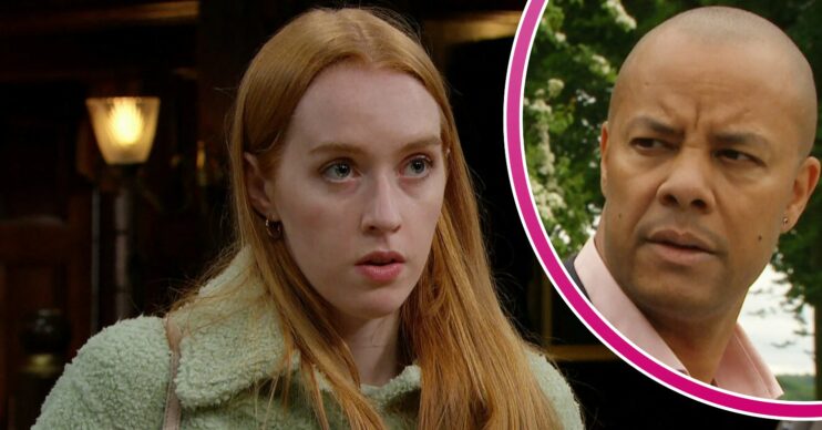 Chloe looking intense on Emmerdale, with Al Chapman looking shifty in a pop-out bubble to the right (Credit: ITV/Composite: Entertainment Daily!)