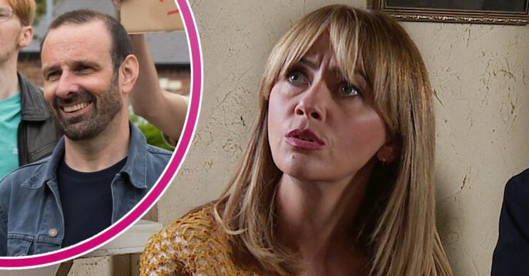 Coronation Street's Maria looking worried, and in a bubble, Griff smiling