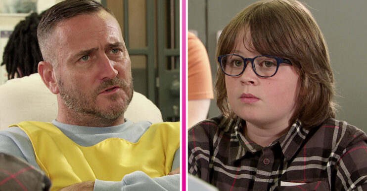 Harvey is looking serious in prison and Sam is looking worried in Coronation Street