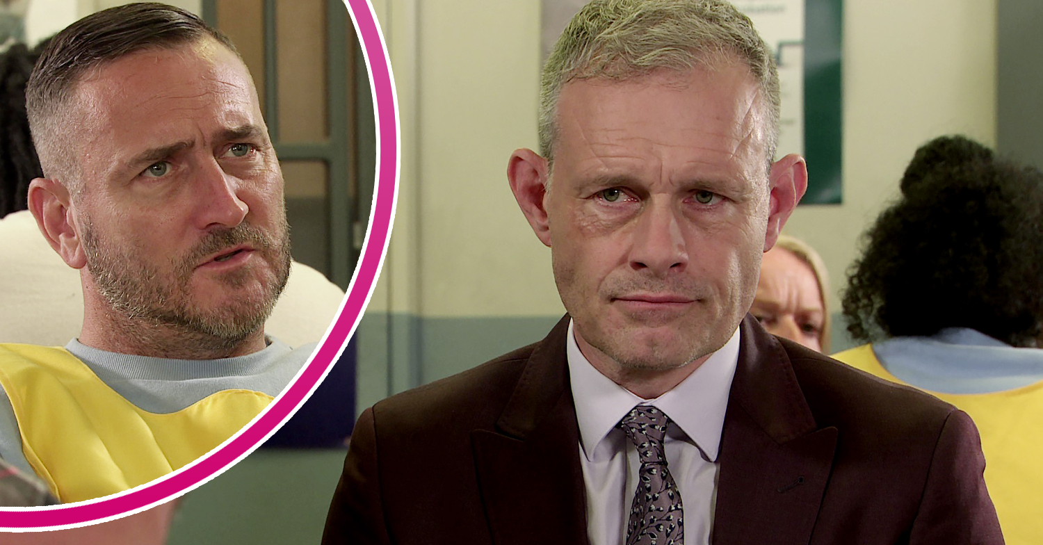 Coronation Street's Nick looking serious in prison, and in a bubble, Harvey looking angry in prison