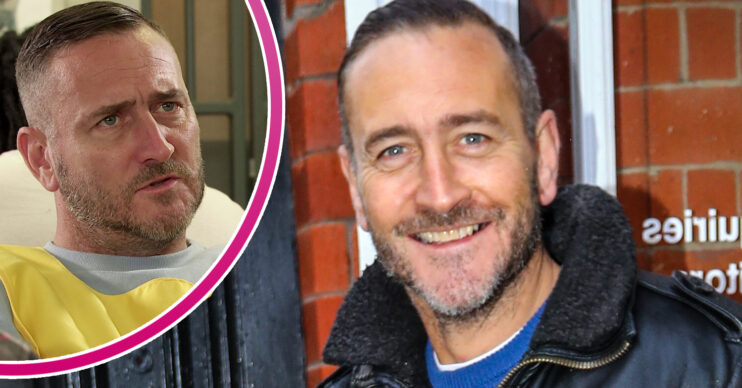 Coronation Street's Will Mellor smiling, and in a bubble, Harvey in prison attire, looking angry