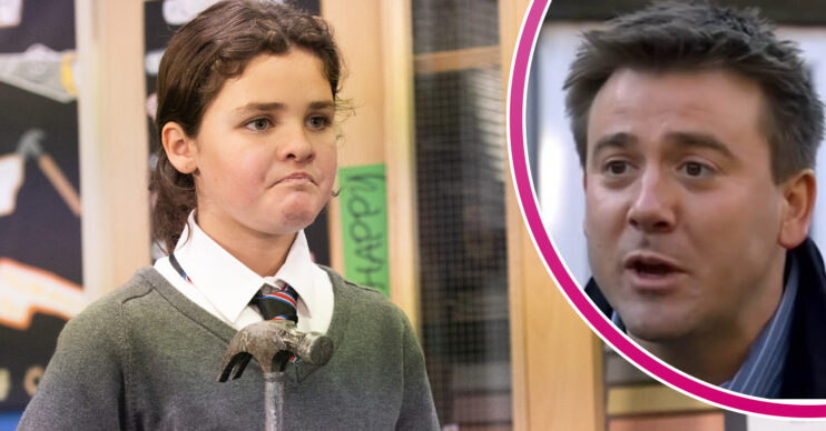 Coronation Street's Hope looking angry at school with a hammer, and in a bubble, John Stape looking worried