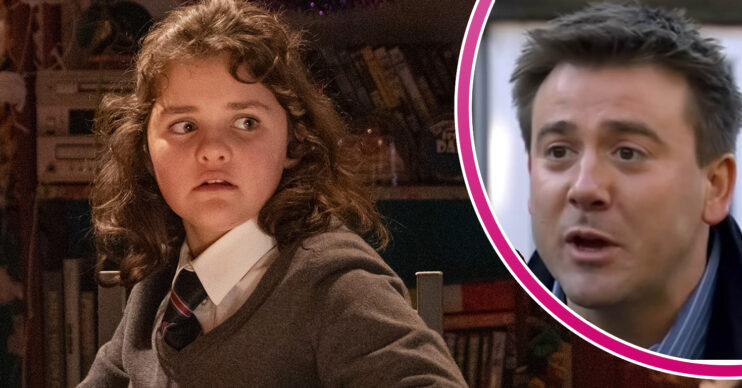 Coronation Street's Hope is looking scared, and in a bubble, John Stape is looking fearful