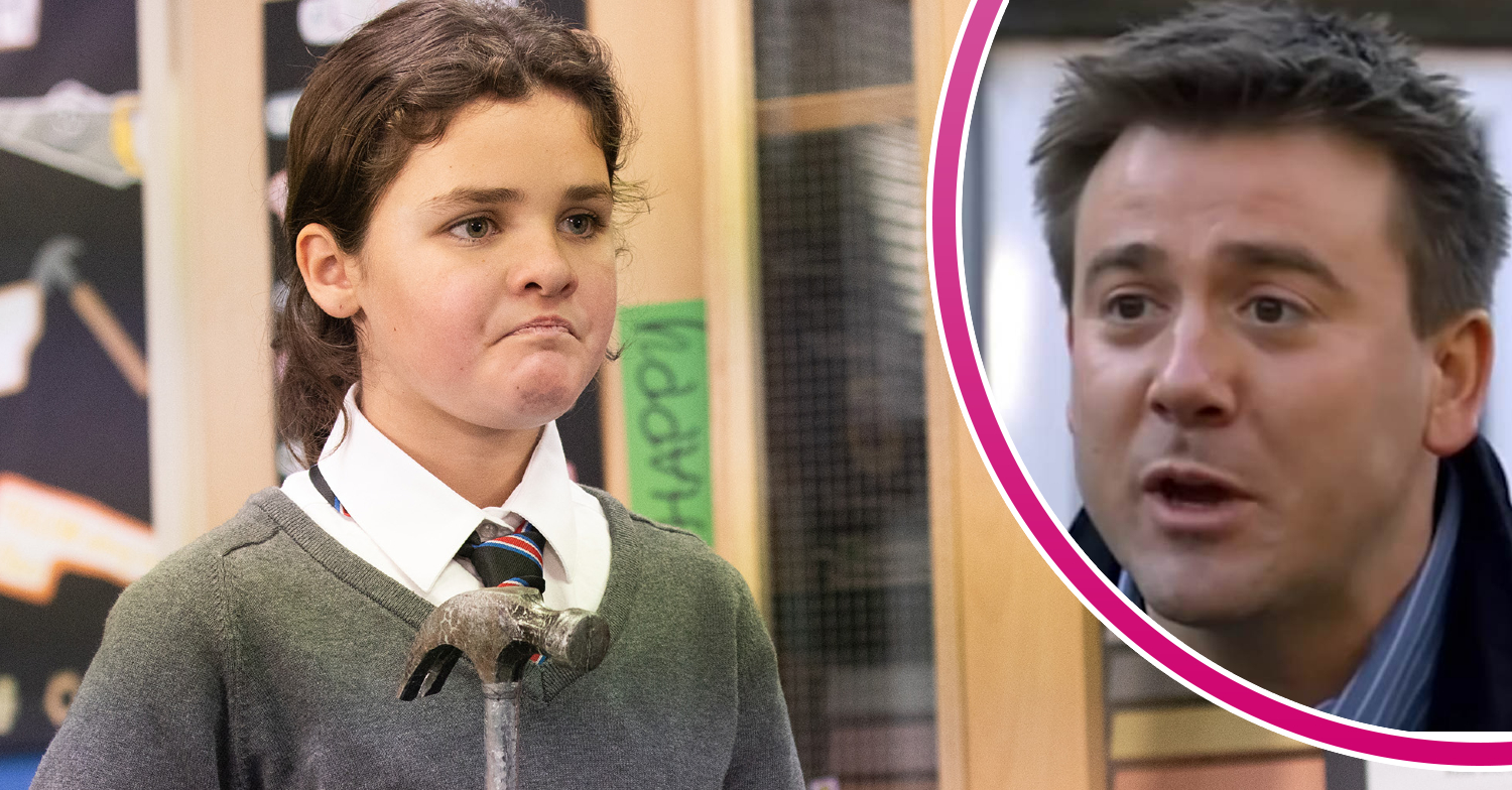 Coronation Street's Hope looking angry at school with a hammer, and in a bubble, John Stape looking worried