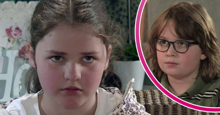 Coronation Street's Hope looking angry and Sam looking serious in a bubble
