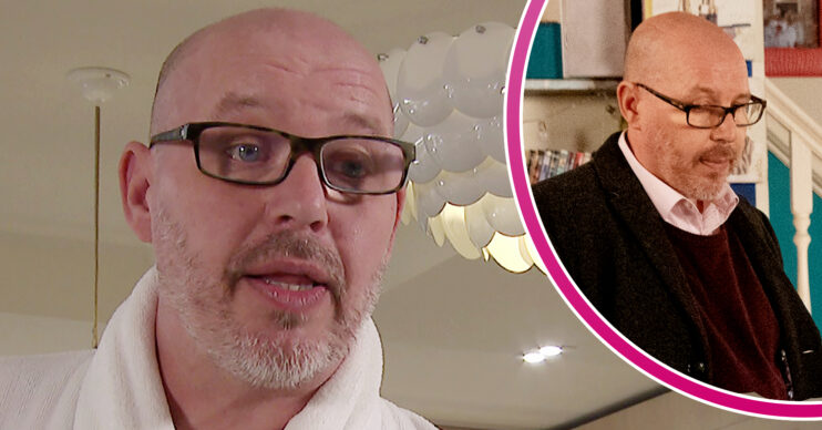 Coronation Street's Howard looking animated and, in a bubble, Howard looking down