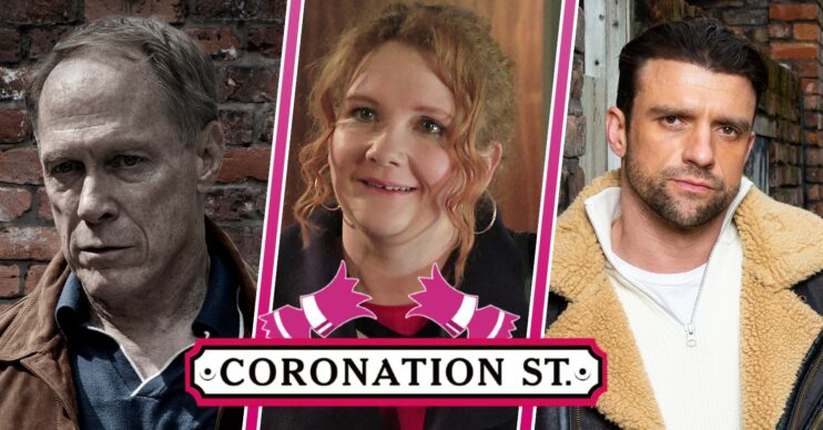 Stephen looking worried, Fiz looking happy and Damon looking relaxed in Coronation Street Christmas