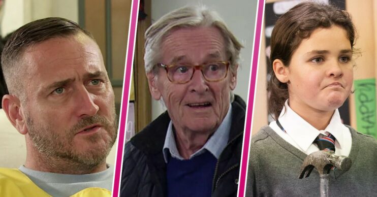 Composite Coronation Street image: Harvey looking sullen, Ken is surprised, Hope looks menacing