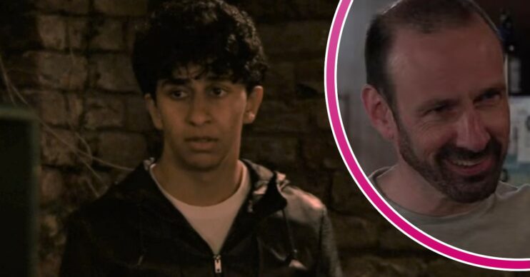 Daryan looking worried and Griff smiling in Coronation Street