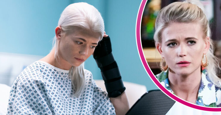 EastEnders' Lola in hospital touching her hair and, in a bubble, Lola looking sad