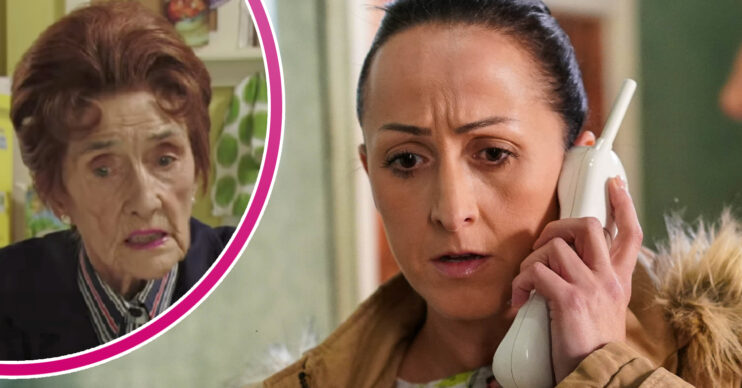 EastEnders' Sonia is on the phone and looking shocked, and in a bubble is Dot