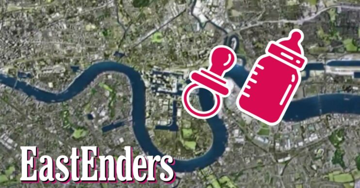 EastEnders logo with a baby's dummy and bottle