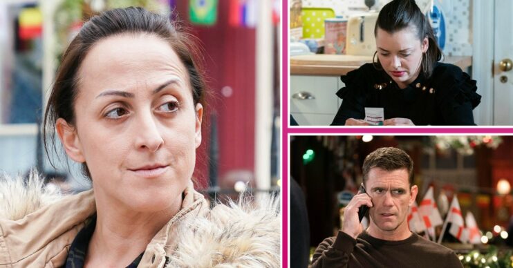Sonia looking worried, Whitney looking down and Jack looking concerned on the phone in EastEnders