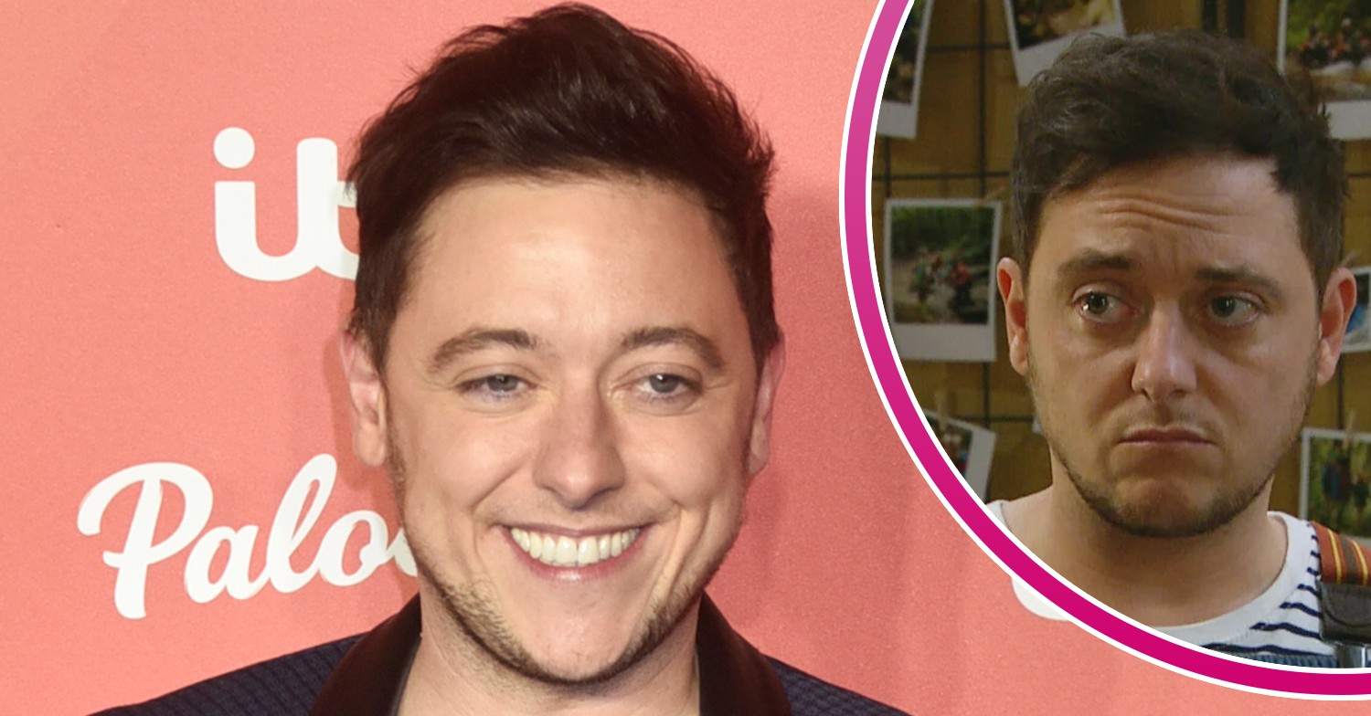 Ash Palmisiciano on the red carpet and as Matty Barton looking upset in Emmerdale