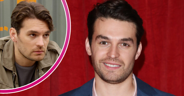 Emmerdale's Lawrence J Robb smiling on the red carpet, and Mack looking concerned in a bubble