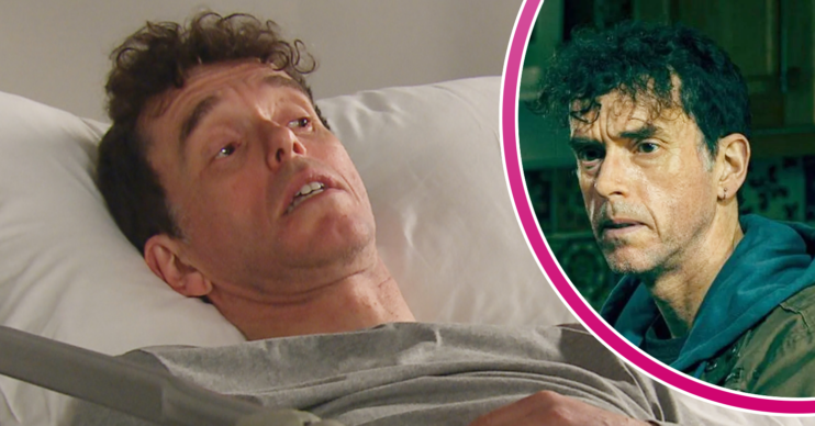 Mark Charnock as Marlon, in bed with his stroke while, inset, looking serious in Emmerdale!
