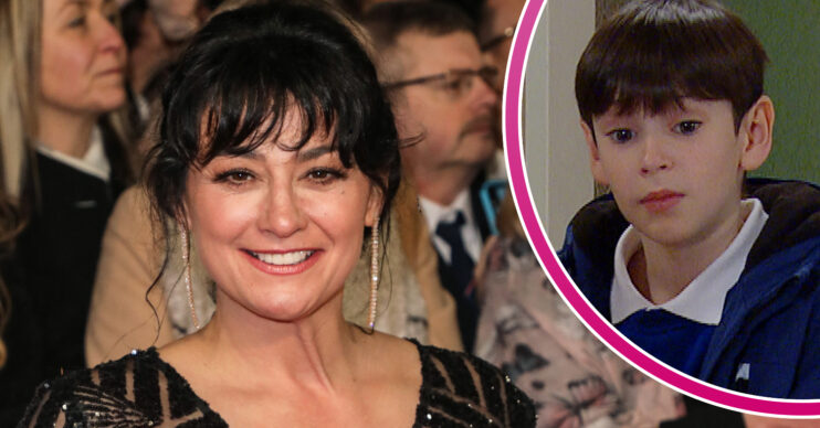 Emmerdale's Natalie J Robb smiling on the red carpet, and in a bubble, Kyle looking down