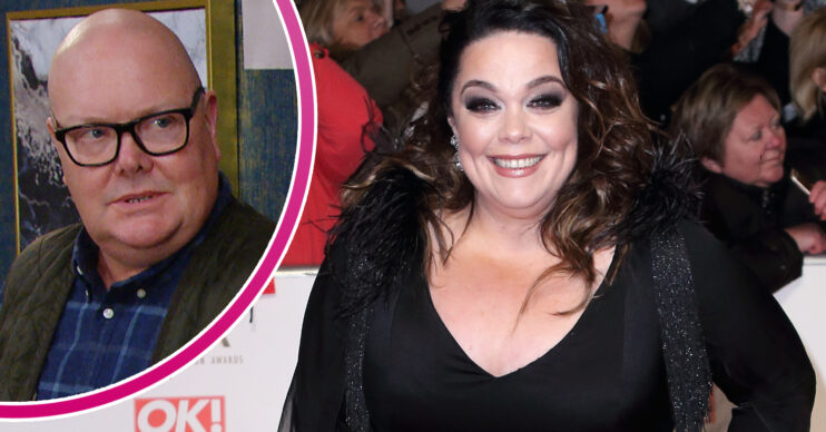 Emmerdale's Lisa Riley is smiling on the red carpet, and in a bubble, Paddy is looking concerned