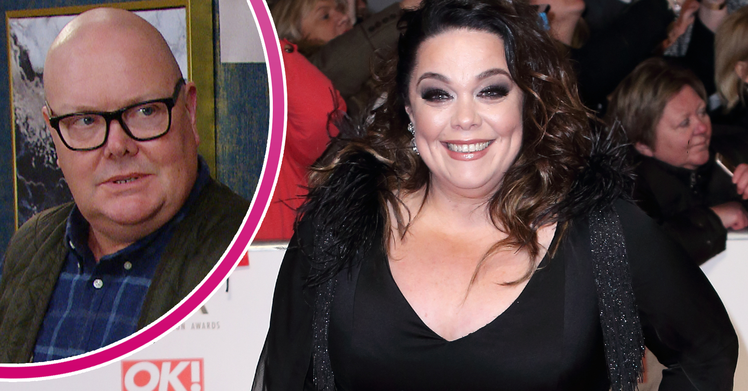 Emmerdale's Lisa Riley is smiling on the red carpet, and in a bubble, Paddy is looking concerned