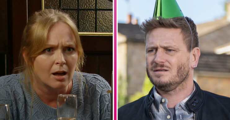 Emmerdale's Vanessa is looking shocked, and, David is looking concerned with a party hat on his head