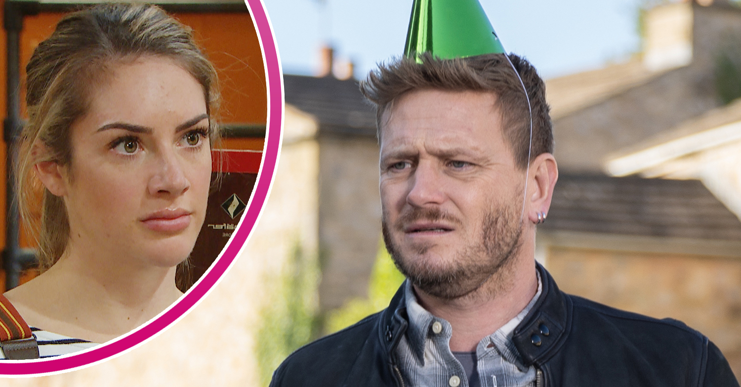 Emmerdale's David wearing a party hat and looking concerned, and in a bubble, Victoria looking serious