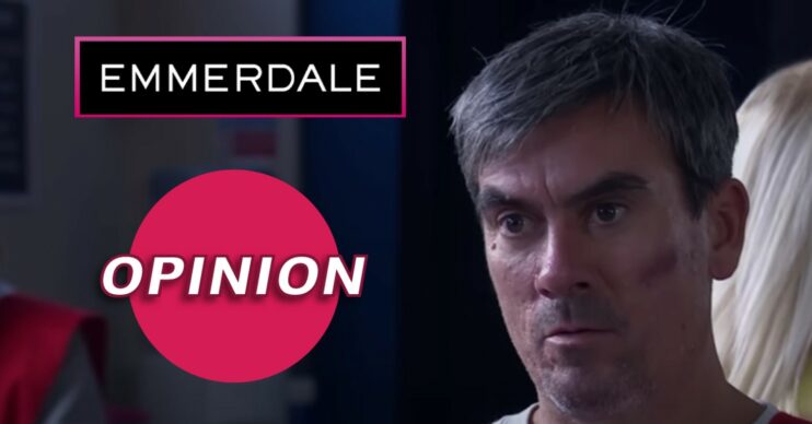 Cain in prison looking angry in Emmerdale - opinion