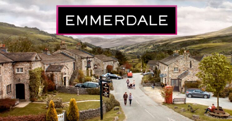 Emmerdale village and pink bordered logo
