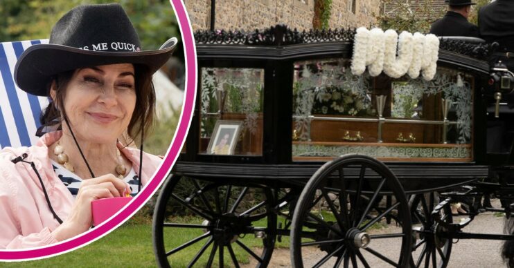 Emmerdale's Faith's coffin in funeral procession with flowers, with actress Sally Dexter smiling in bubble (Credit: ITV/Composite ED!)