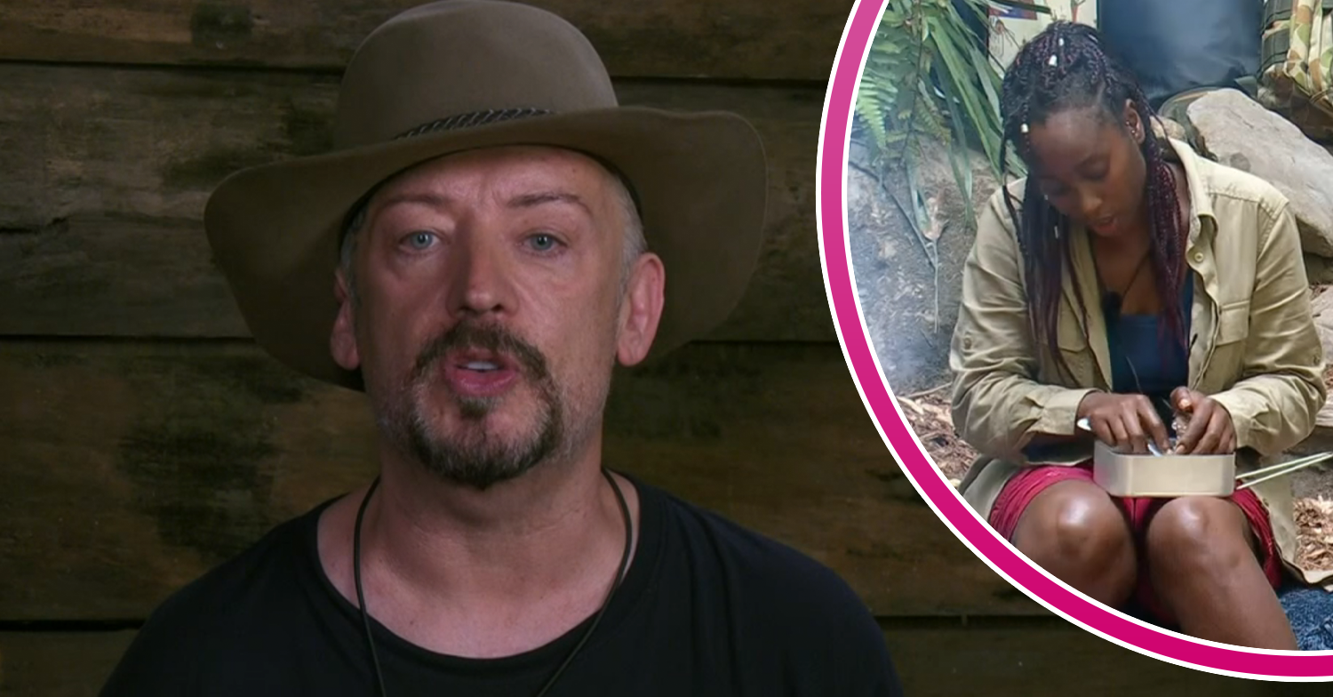 Boy George looking unhappy on I'm A Celebrity with Scarlette inset