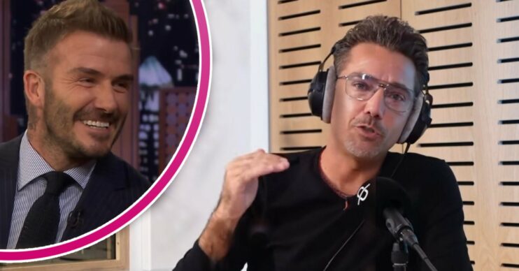 Gino D'Acampo talking during podcast, and David Beckham smiling on show