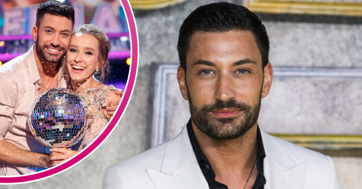 Strictly stars Rose and Giovanni lifting the glitterball and Gio smiling