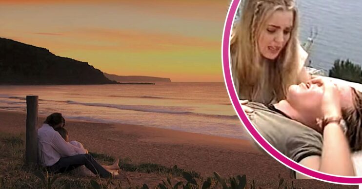 Billie dying on the beach in VJ's arms in Home and Away with an inset picture of Shane dying and Angel looking worried