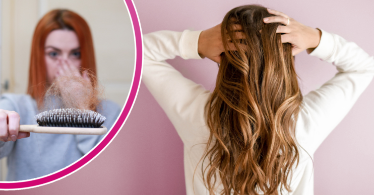 Woman holding a hairbrush and someone stroking her hair