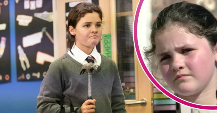 Hope brandishing a hammer in Coronation Street, inset, to the left, she looks deep in thought in Coronation Street