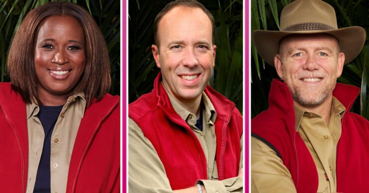 Charlene White, Matt Hancock and Mike Tindall smiling in I'm A Celebrity promo pics