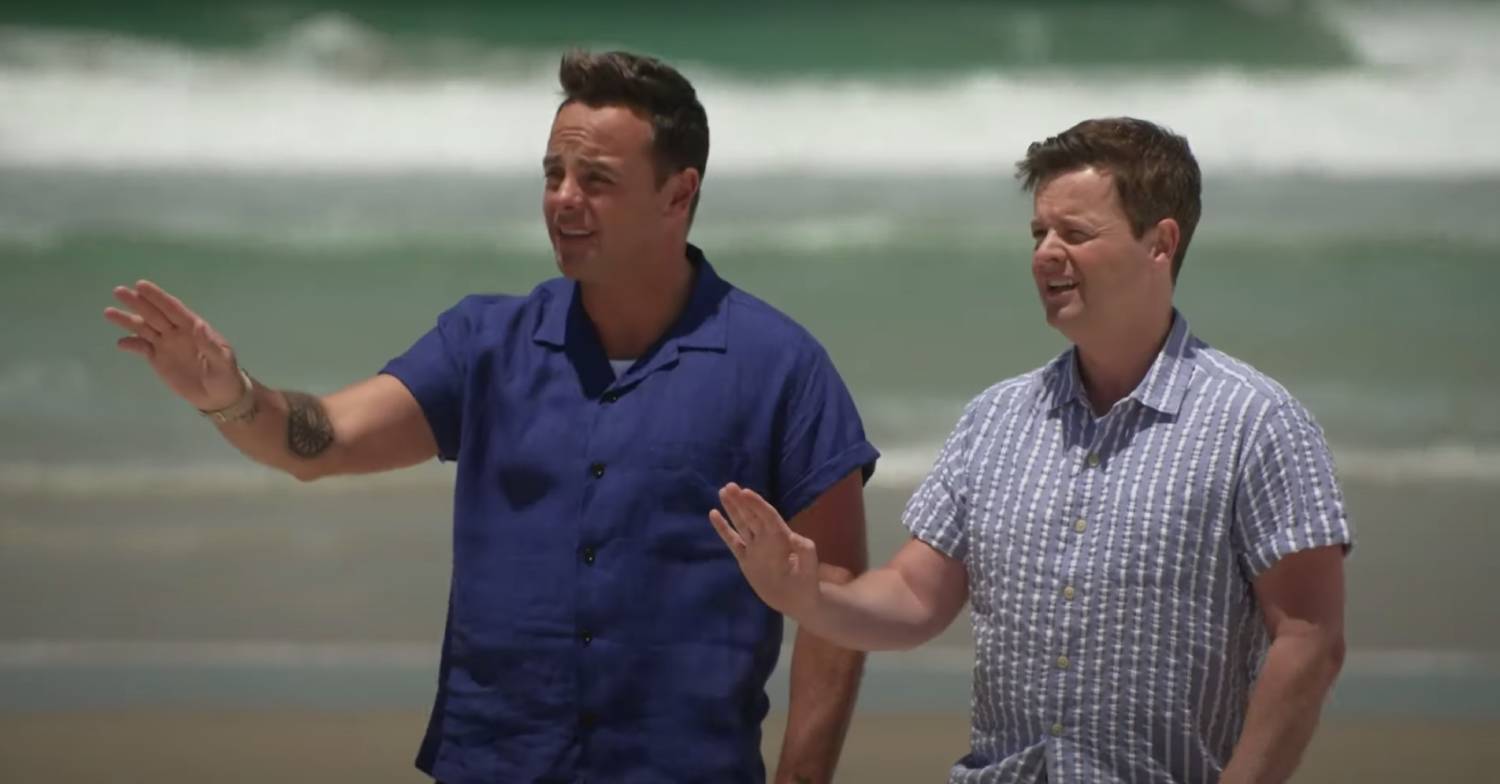 I'm A Celebrity hosts Ant McPartlin with tattoo and Declan Donnelly hold their hands up