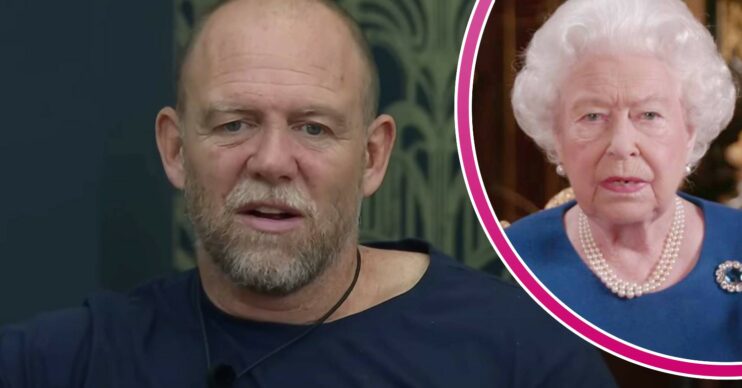 I'm A Celebrity contestant Mike Tindall looks unimpressed and the Queen inset