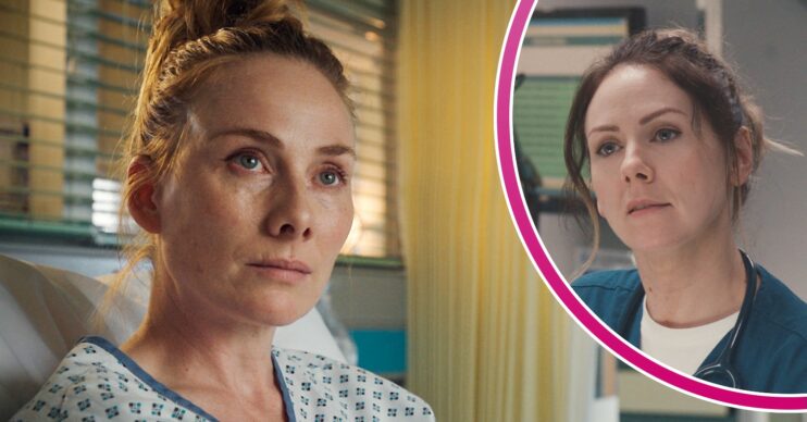 Jac Naylor looking upset in Holby City and Stevie looking annoyed in Casualty