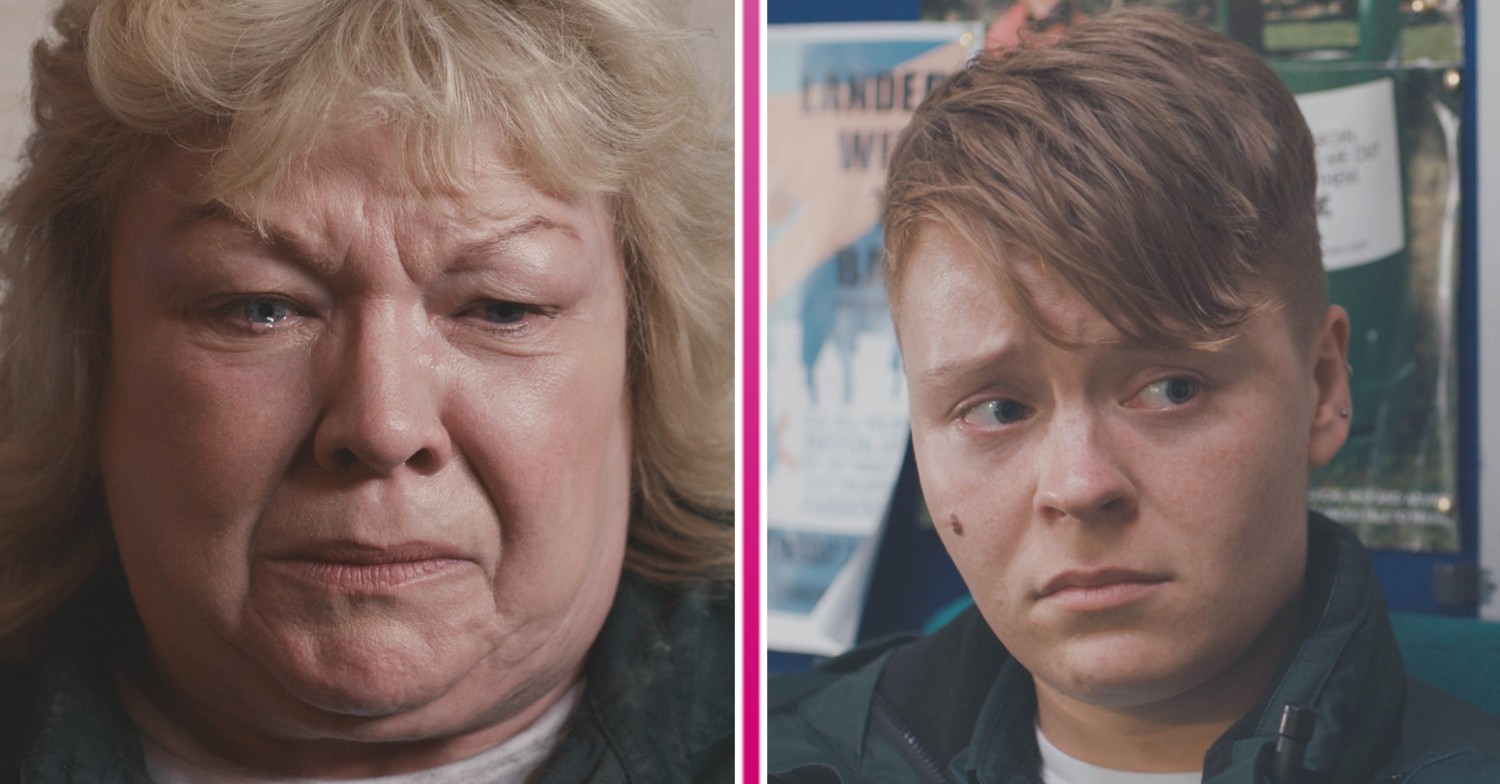 Jan crying and Sah looking upset in Casualty