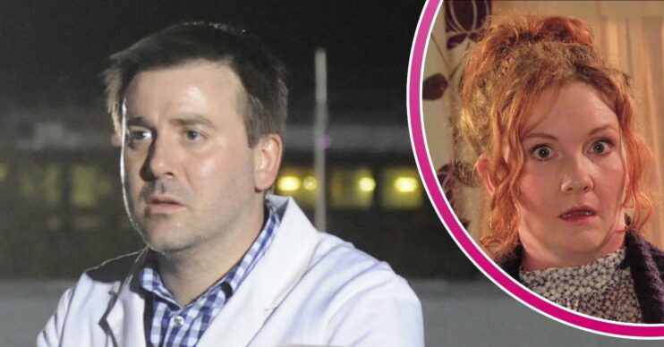 John looking worried and Fiz looking shocked in Coronation Street