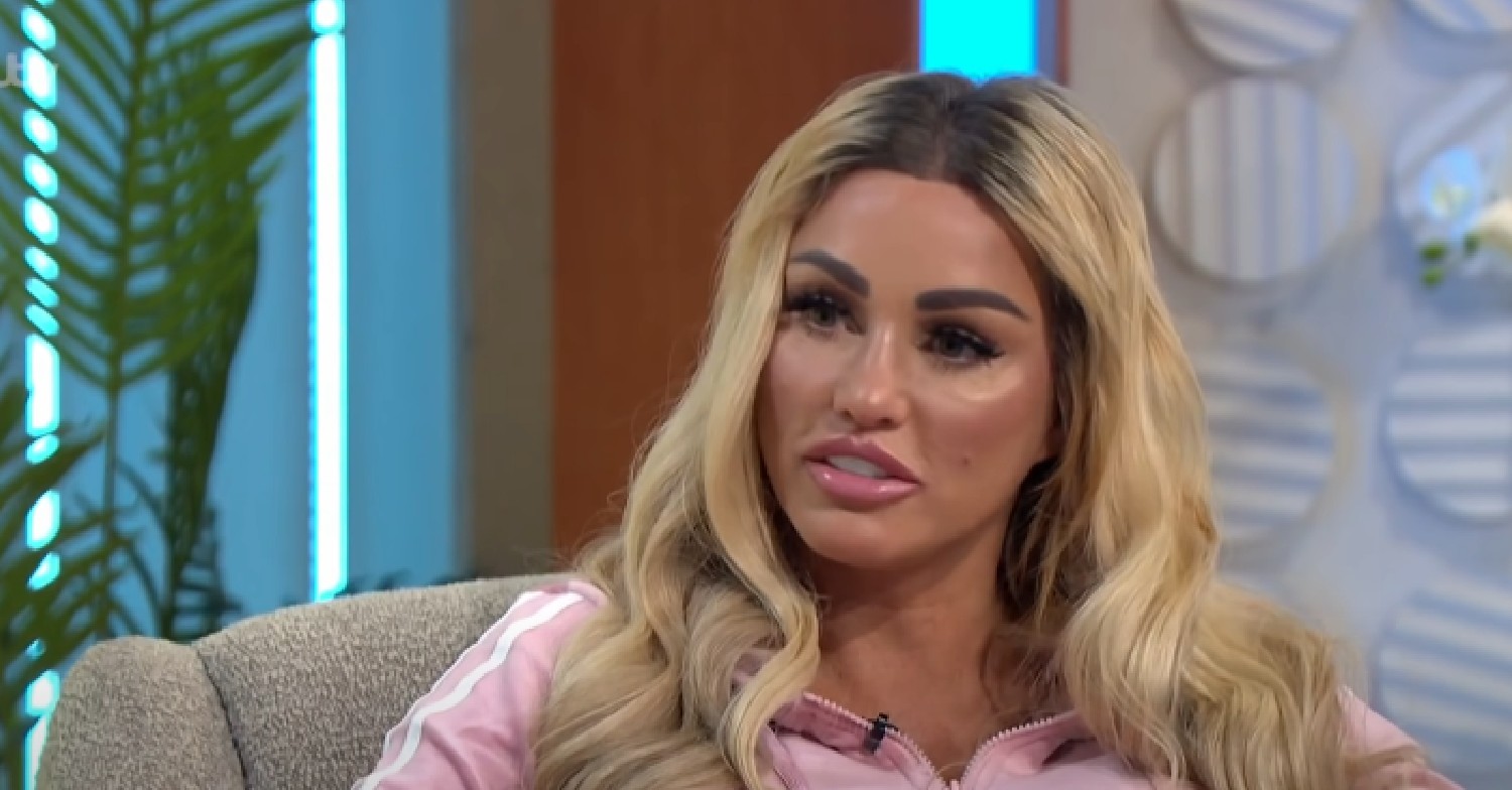 Katie Price with blonde hair and pink tracksuit on Lorraine