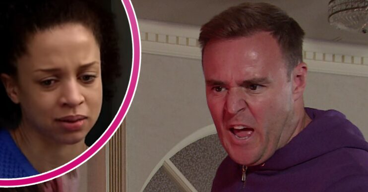 Kirsty looking upset and Tyrone looking angry in Coronation Street